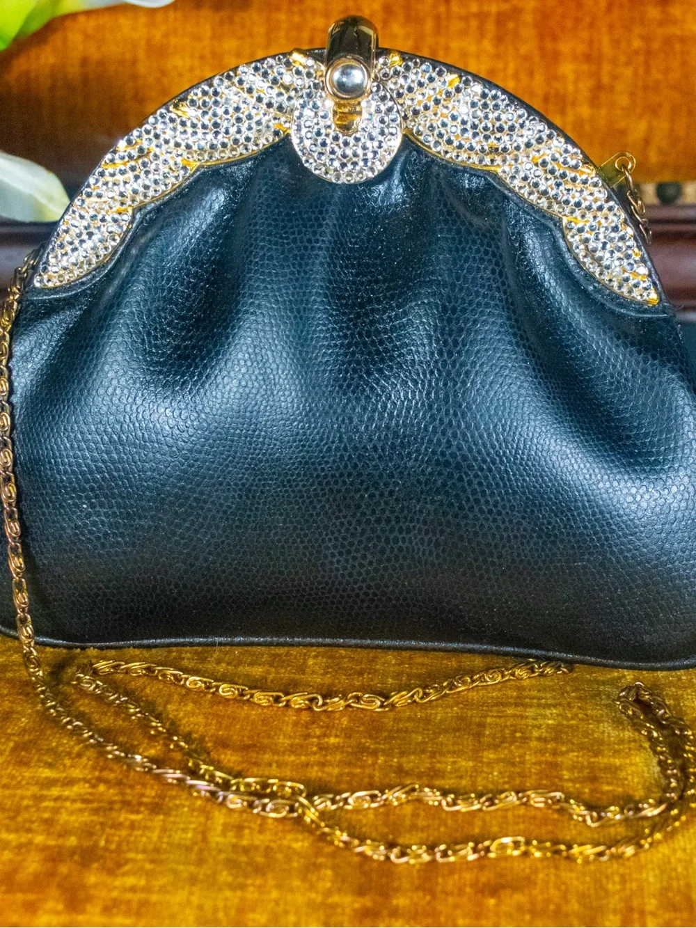 Black Evening Clutch with Gold Crystal Frame